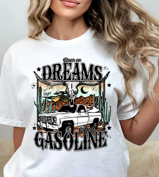 Dreams & Gasoline T-shirt featuring bold motivational graphic design on soft cotton fabric — perfect for goal-driven women and edgy streetwear lovers.