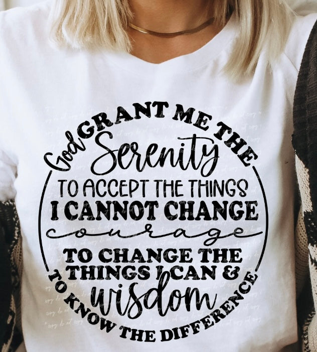 God Grant Me Serenity T-Shirt – Inspirational Christian faith graphic tee featuring the Serenity Prayer, perfect for church, Bible study, or everyday wear from LDC Designz.